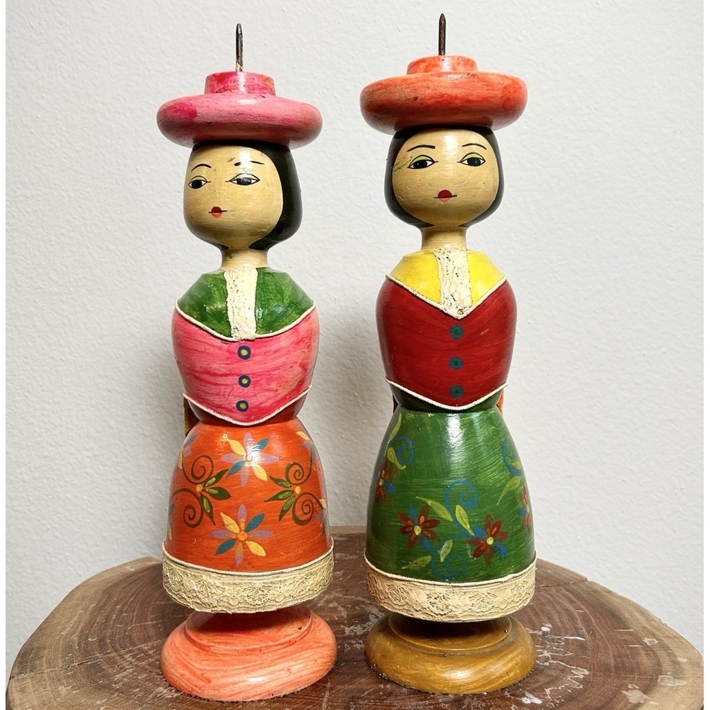 Vintage Multicolor Wood Hand Painted Folk Art Woman Candle Holder Pair 12" OS